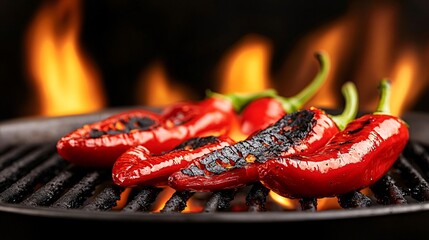 Grilling red chili peppers on a hot barbecue with flames in the background, creating a spicy and mouth-watering dish