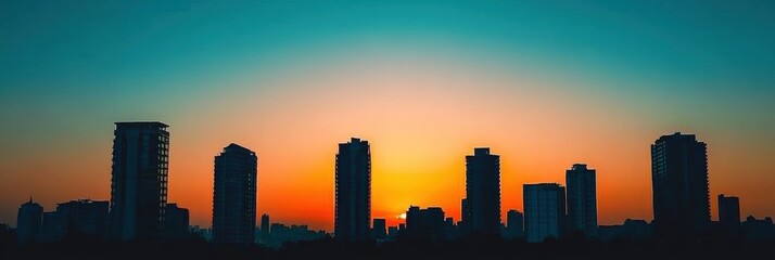 Poster - Tall modern buildings form striking silhouettes under a colorful sunset sky, creating a stunning urban landscape at dusk. Generative AI