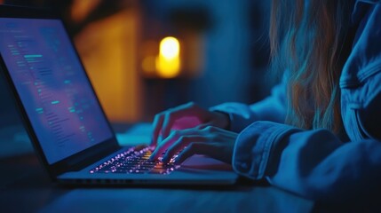 Night Coding Session: Woman Working on Laptop in Blue Light