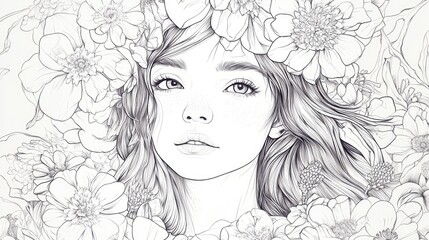 Wall Mural - Line art illustration of a lovely girl surrounded by flowers designed for a coloring book Ideal for adult coloring activities