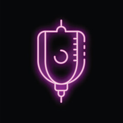 Wall Mural - Neon medical icon of an iv bag hanging, glowing purple on a black background