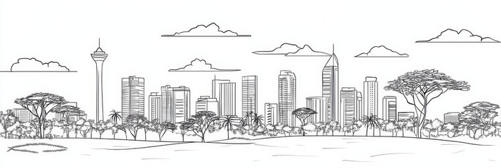 Wall Mural - Nairobi Kenya city landscape, single line drawing, modern architecture, trees, urban scene.