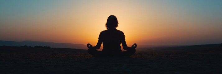 Poster - Silhouetted against a vibrant sunset, an individual practices meditation, cultivating inner peace in a serene environment. Generative AI