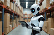 © Slepitssskaya - A humanoid robot is actively checking inventory using a tablet in a well-organized warehouse