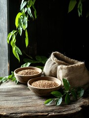 Aufkleber - Bowls filled with lentils and beans sit on a rustic wooden table beside sacks, all framed by vibrant green leaves. Generative AI