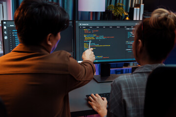 Smart IT developer looking at coding program application on computer screen of online website at back side, analyzing intelligent database system development on business marketing at office. Infobahn.