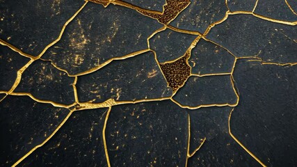 Wall Mural - a close-up of a cracked black surface with gold accents, creating an abstract pattern