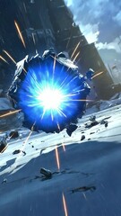 Wall Mural - A blue energy blast erupts from a large, cracked rock in a snowy, desolate landscape, surrounded by a barrage of orange beams