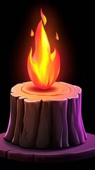 Wall Mural - A single flame burns brightly on a wooden stump, casting a warm glow against the black background