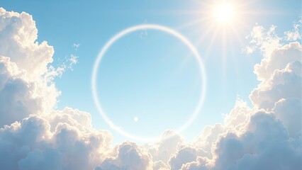 Wall Mural - tranquil circular space with fluffy clouds and golden sunlight evoking hope