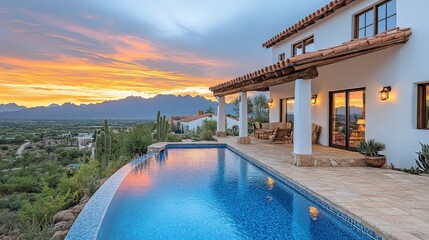 Wall Mural - A serene villa with a pool at sunset, overlooking mountains and a lush landscape.