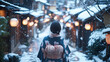 © bephoto - 雪に包まれた温泉街を歩く浴衣姿の女性の後ろ姿