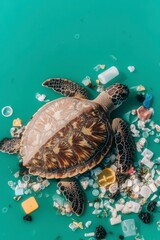 A sea turtle trapped in a sea of plastic pollution.