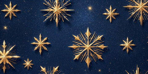 Wall Mural - magical gold snowflakes over glitter blue dark background