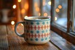 © dyshlivenko - A decorative coffee cup filled with a warm beverage sits on a rustic wooden table, surrounded by a soft glow from fairy lights. It a perfect setting for a chilly day