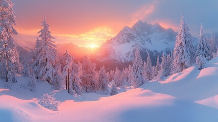 Wall Mural - A serene winter landscape at sunset, featuring snow-covered trees and majestic mountains.