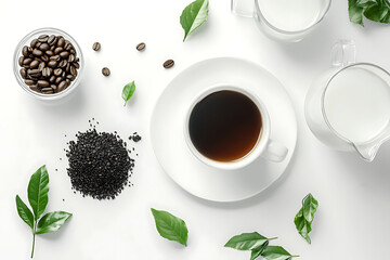 cup of coffee and cup of tea with leaves and beans, tea vs coffee, caffeine or antioxidant benefit or harm, morning beverage banner, world international tea coffee day, top view