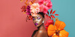 © olindana - Beautiful young Black woman with floral wreath on her head from big red pink orange flowers on teal burgundy background. Fashion beauty banner for cosmetics makeup
