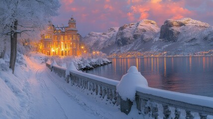 Wall Mural - A serene winter landscape featuring a historic building by a snow-covered waterfront at dusk.