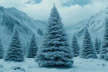 Wall Mural - A snow-covered Christmas tree with lights stands tall in a snowy forest, with mountains in the background.