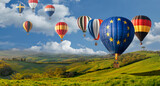 hot air balloon  EU and member country flags in beautiful wide panorama on tuscany landscape . european union EU flag member countries tourism travel and politics concept background