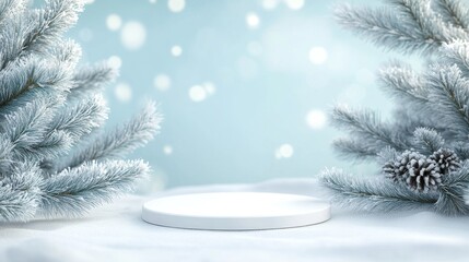 Poster - An elegant winter podium surrounded by frosty snow-covered trees under a clear blue sky.