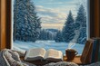 © Avve Diana  - In the morning, I brew coffee and open a book on a cottage window sill. I have a mug of warm cappuccino by the window with an open knitted blanket by the window. The view is of a winter frosty snowy