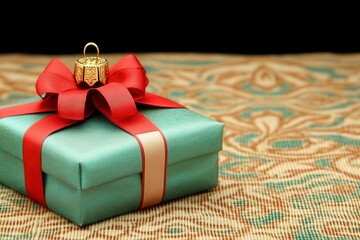 Wall Mural - A teal gift box tied with a red ribbon and gold ornament on a textured background.