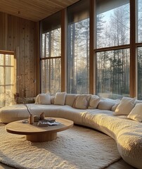 Wall Mural - Cozy contemporary living room with curved furniture and forest view in a natural setting