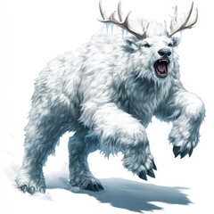 Wall Mural - A white polar bear with antlers, roaring and leaping in the air.