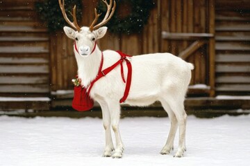 Wall Mural - A white reindeer with antlers and a red harness stands in the snow in front of a wooden building.