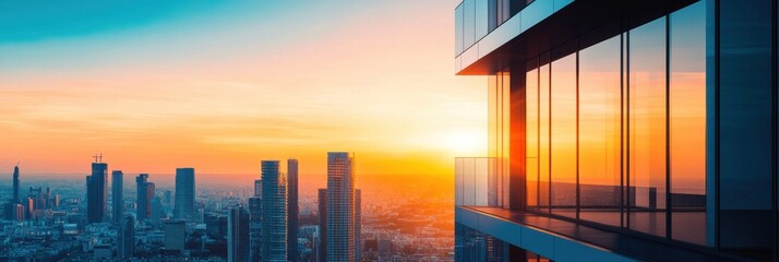 Aufkleber - Tall buildings cast striking silhouettes under a colorful sunset in this urban setting, creating a serene atmosphere at dusk. Generative AI