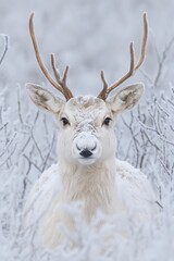 Wall Mural - A white-furred deer with large antlers stands in a snowy forest, its face looking directly at the camera.