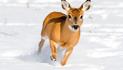 Wall Mural - A white-tailed deer runs through a snowy field.