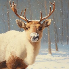 Wall Mural - A white-tailed deer stands in a snowy forest, looking directly at the viewer with a serene expression.