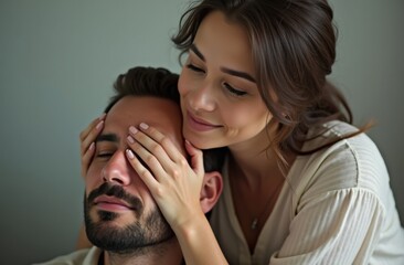 Wall Mural - A heartwarming moment of connection between a couple as they share a joyful embrace in a serene indoor setting during a sunny afternoon