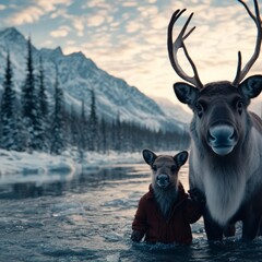 Wall Mural - A young reindeer in a red jacket stands in a frozen river next to a larger reindeer, with a mountain range and snowy forest in the background.