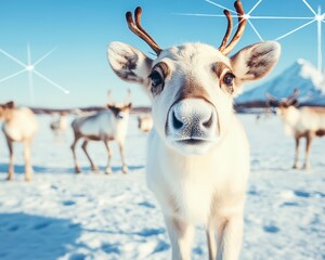 Wall Mural - A young reindeer with large, brown eyes stares directly at the camera. It is standing in a snowy field with other reindeer in the background. The snow is sparkling and the sky is blue.