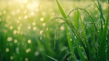 Poster - Green grass, natural outdoors. Spring and Summer Background. Lush green paddy in rice field with bokeh