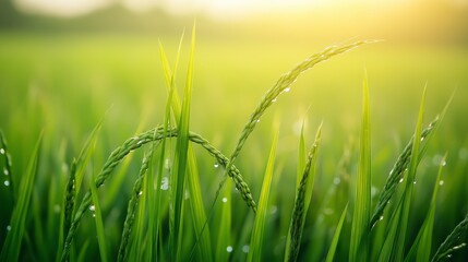 Poster - Green grass, natural outdoors. Spring and Summer Background. Lush green paddy in rice field with bokeh