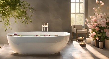 Wall Mural - A serene and tranquil bathtub scene featuring elegant spa essentials complemented by delightful floral arrangements 4K