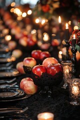 Poster - Elegant dinner setting with red apples and candlelight at a festive gathering in autumn