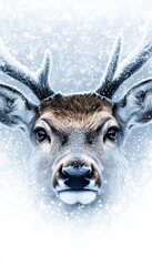 Wall Mural - Close-up portrait of a majestic deer with large antlers, looking directly at the camera. Snowflakes fall around it creating a wintery feel.