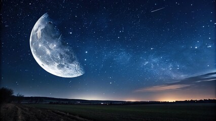 Wall Mural - a large crescent moon illuminates a vast expanse of twinkling stars in a deep indigo sky, night sky,