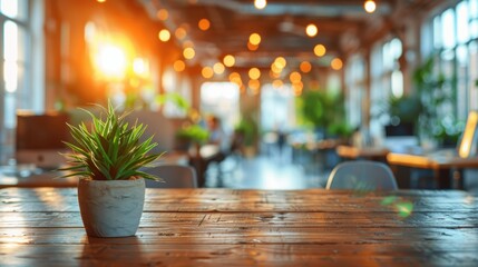 Wall Mural - An inviting open office space with a focus on a potted plant on a wooden desk and warm sunlight streaming through large windows, creating a lively yet serene atmosphere
