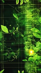 Wall Mural - Green leaves are displayed on a black background with a grid pattern and a bright yellow light in the center