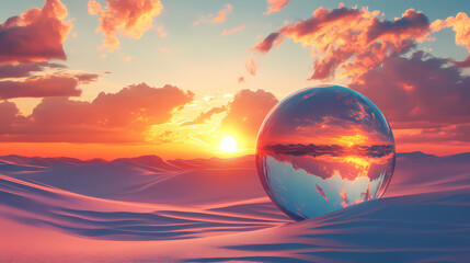 Wall Mural - Surreal desert landscape with reflective glass sphere, colorful sunset, and dramatic clouds. a unique, imaginative, and artistic scene. Mirage. Illustration