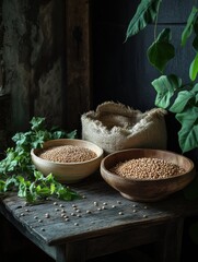 Aufkleber - Lentils, beans, and chickpeas are showcased in wooden bowls alongside burlap sacks on a rustic wooden table in a warm kitchen. Generative AI
