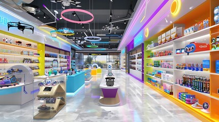 Futuristic Toy Store with Cutting-Edge Technology and Interactive Displays for Kids of All Ages