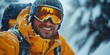 © aicandy - A cheerful person enjoys an exhilarating snowy adventure in the mountains, wearing a bright yellow jacket and reflective ski goggles amidst a winter wonderland